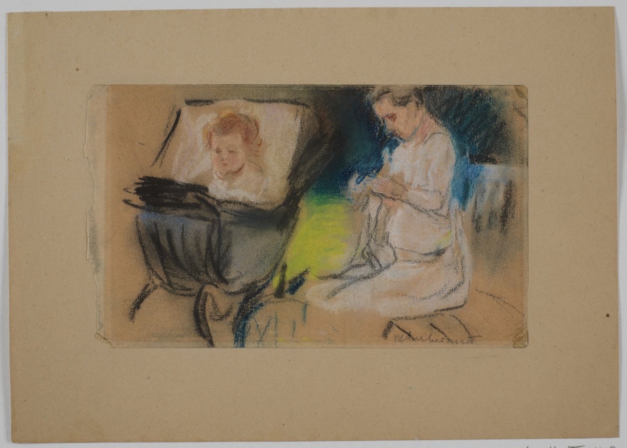 Kind in een kinderwagen en kindermeisje door Max Liebermann