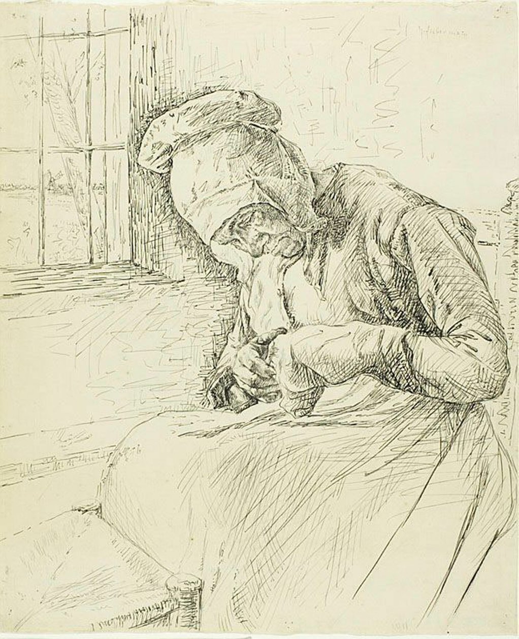 Oude Vrouw die bij het Raam Naait door Max Liebermann