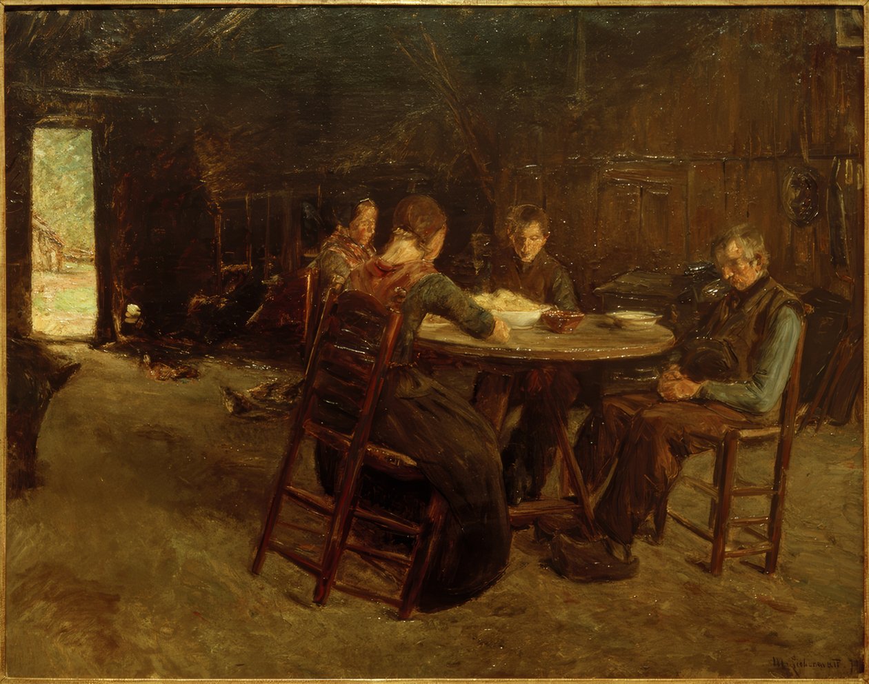 Oost-Friese boeren bij het tafelgebed door Max Liebermann