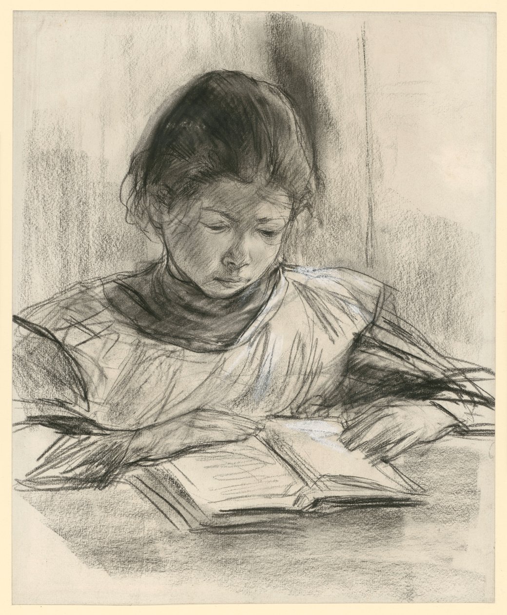 Portret van de dochter van de kunstenaar. Borstbeeld, frontaal, zittend aan tafel en lezend door Max Liebermann