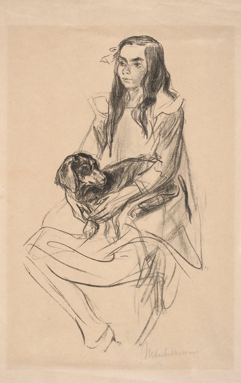 Zittend meisje met teckel door Max Liebermann
