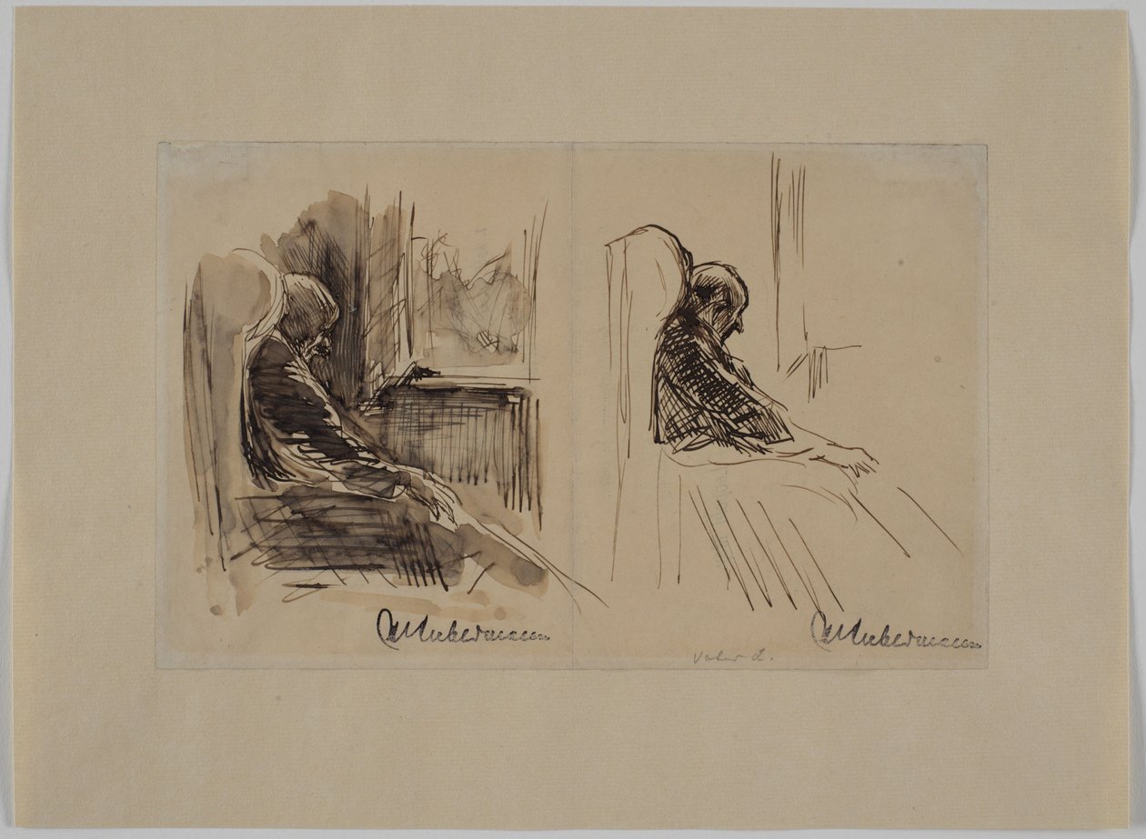 Twee portretten van zijn vader Louis Liebermann in een leunstoel door Max Liebermann