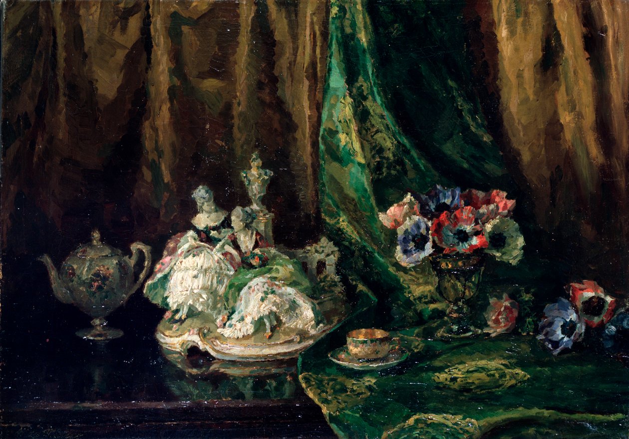 Stilleven met porselein en bloemen, 20e eeuw door Max Müller