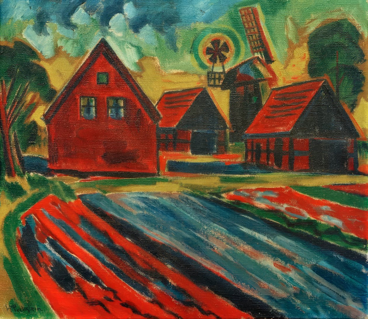 Rode huizen met windmolen door Max Pechstein