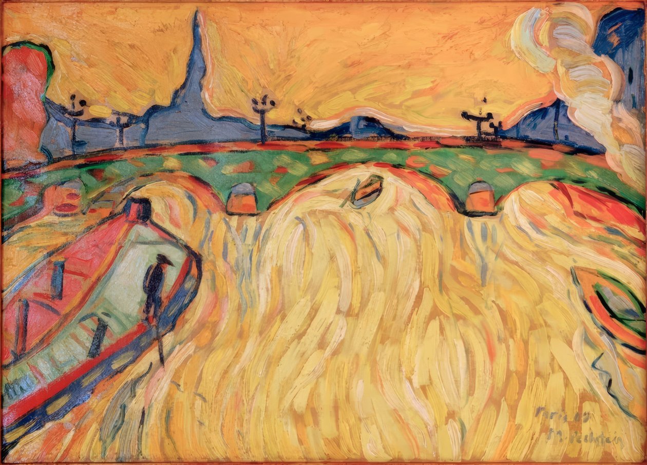 Zijn met brug en vrachtboten door Max Pechstein