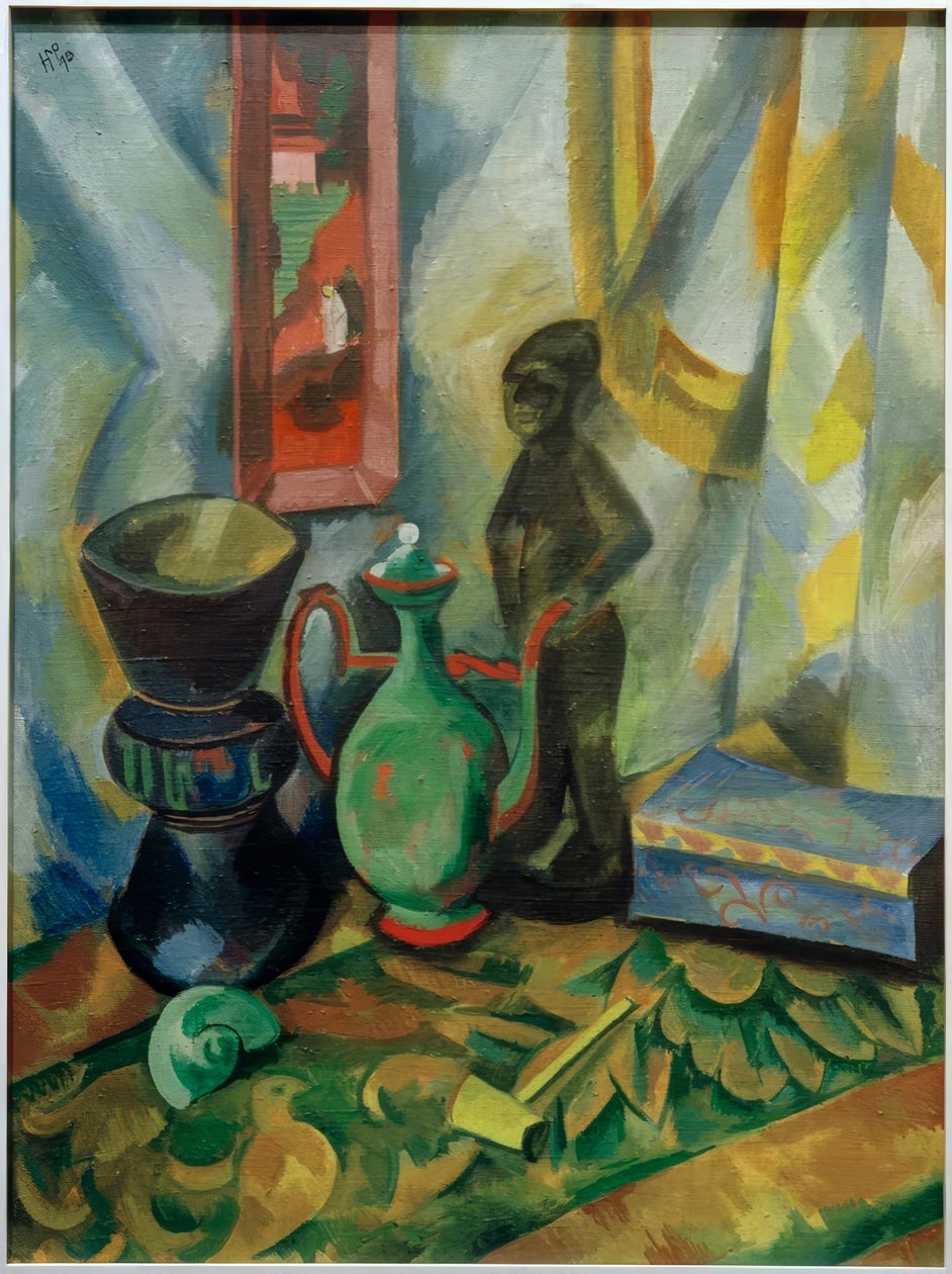 Stilleven met vaas, Moorse kan en houten figuur door Max Pechstein