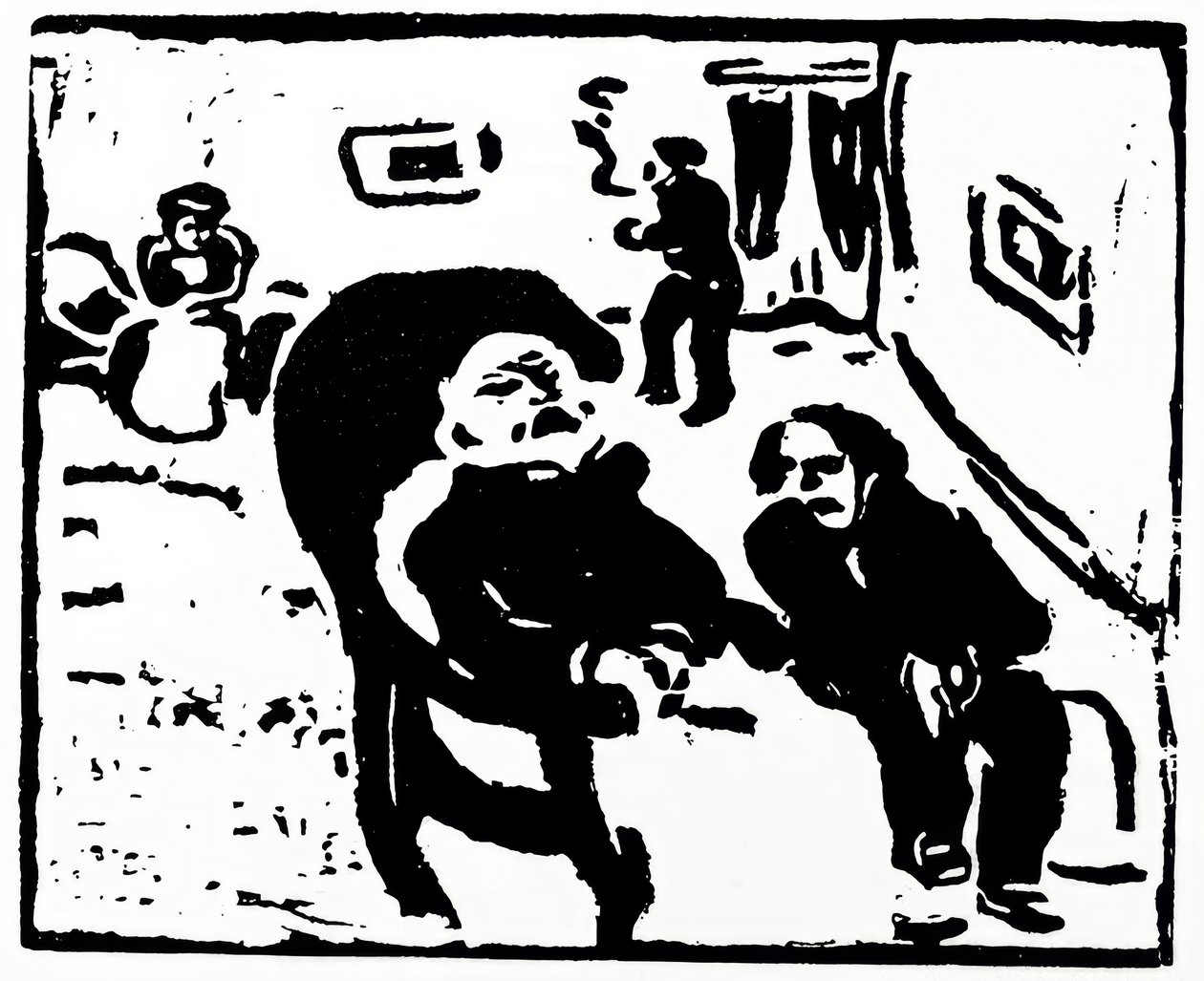 Houtsnede met afbeelding van mensen die in een lounge zitten door Max Pechstein