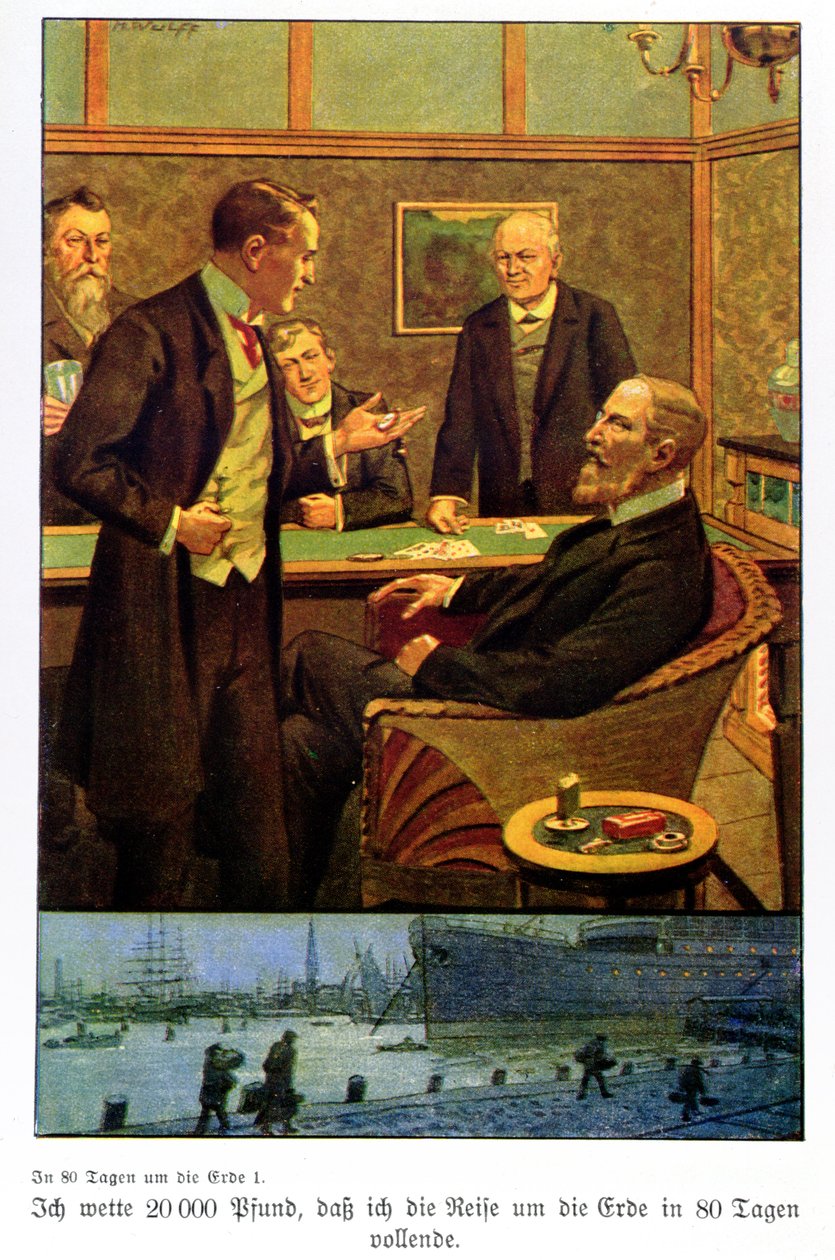 Phileas Fogg neemt de weddenschap aan in de Reform Club dat hij de wereld rond kan reizen in 80 dagen, illustratie uit een editie gepubliceerd in Berlijn door Max Wulff