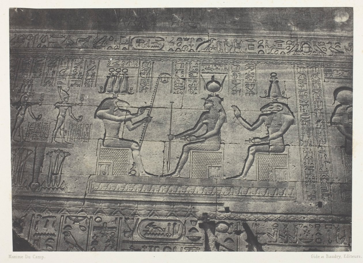 Grote tempel van Denderah (Teutyres), beelden van de achtergevel; Opper-Egypte, plaat 19 uit het album "Egypte, Nubie, Palestina en Syrie" (1852) door Maxime Du Camp