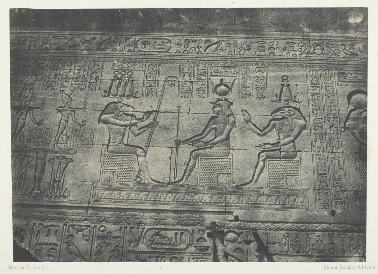 Grote tempel van Denderah (Teutyres), beelden van de achtergevel; Opper-Egypte, plaat 19 uit het album "Egypte, Nubie, Palestina en Syrie" (1852) door Maxime Du Camp
