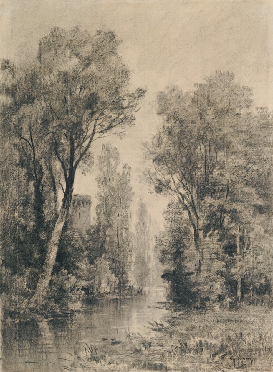 Kasteel met uitzicht op een rivier door Maxime Lalanne