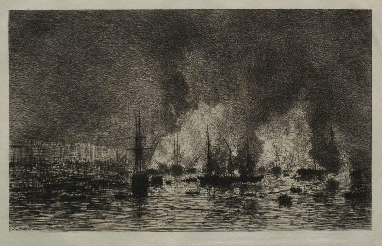 Brand in de Haven van Bordeaux door Maxime Lalanne