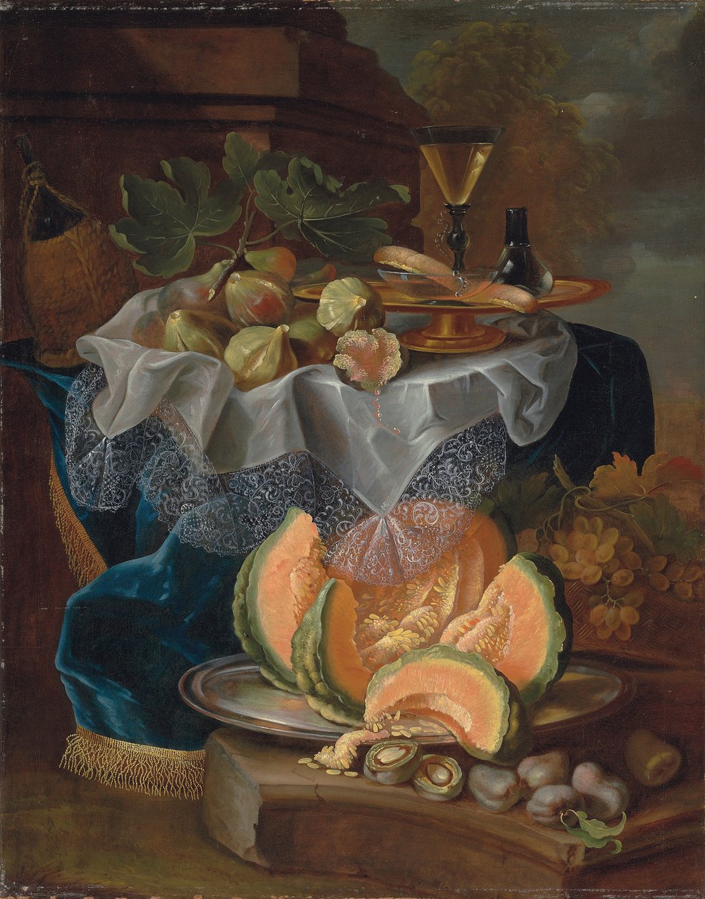 Vijgen, een vergulde tazza met een facon-de-venise wijnglas, op een gedekte tafel, een gesneden meloen op een tinnen schaal met pruimen op een sokkel door Maximilian Pfeiler or Pfeiller