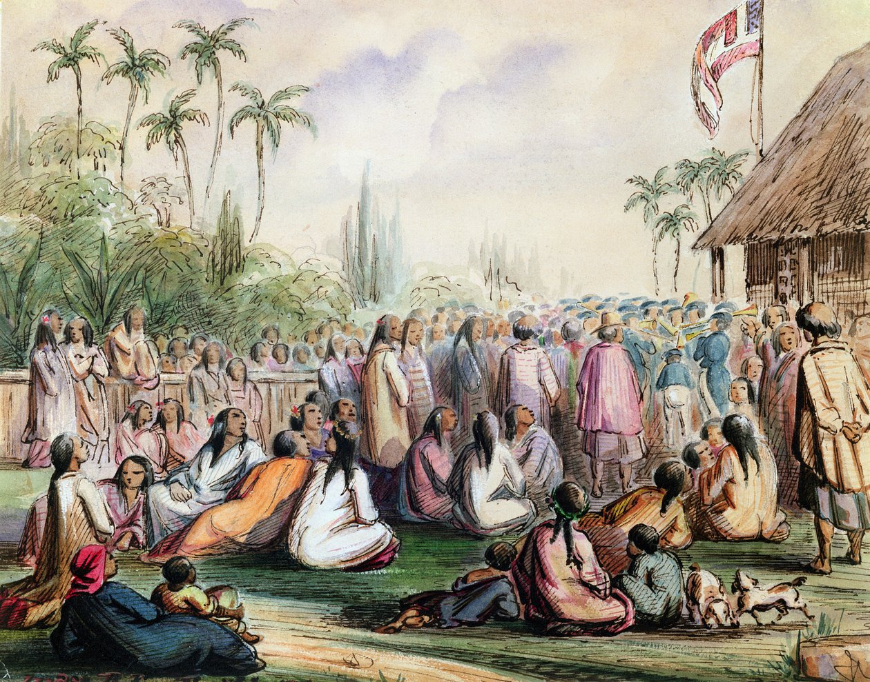 Het paviljoen van het Franse protectoraat in Tahiti in 1842, ca. 1842-48 door Maximilien Radiguet