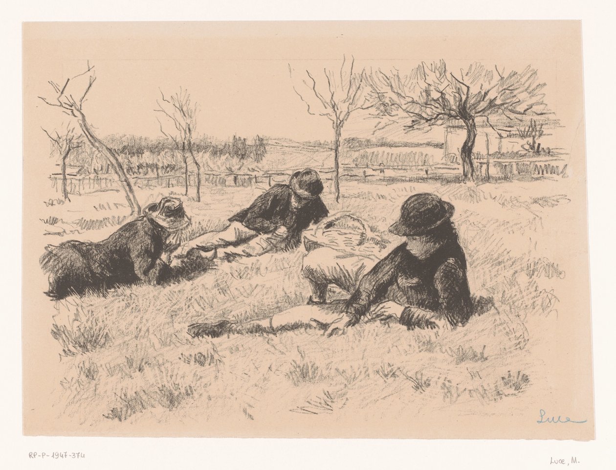 Drie mannen rusten uit in een wei door Maximilien Luce (signed by artist)