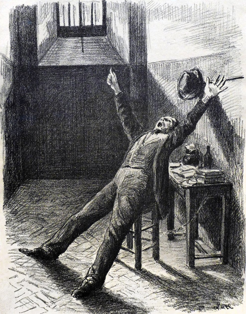 Felix Feneon (1861-1944), kunstcriticus en verzamelaar, in de gevangenis (in de cel) - lithografie (1894) door Maximilien Luce (1858-1941) uit het boek van Julles Valles Mazas door Maximilien Luce