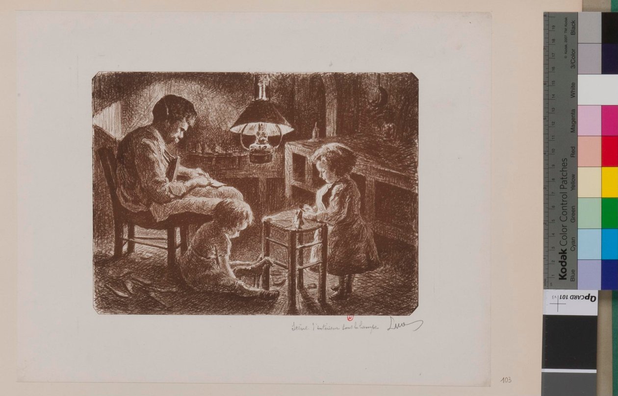 Interieurscène onder de lamp door Maximilien Luce