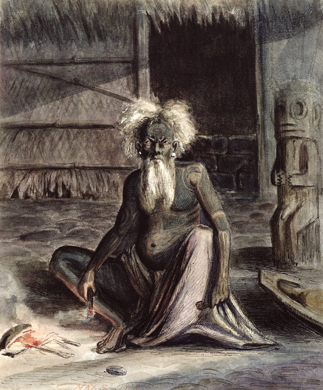 Oude man van Tahiti zittend bij een Tiki, ca. 1841-48 door Maximilien Radiguet