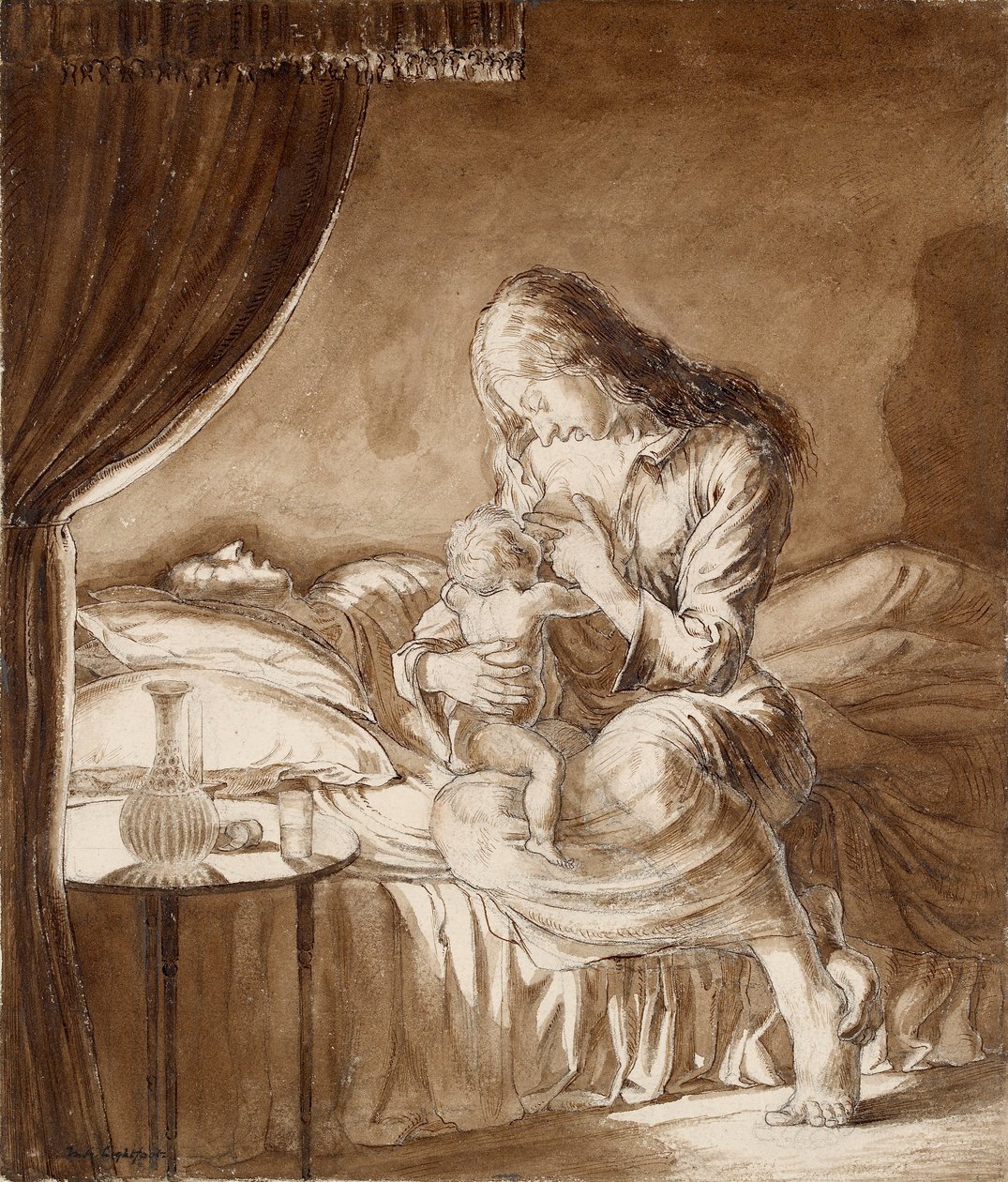 Nacht Scène-Vrouw die haar Kind Voedt, ca. 1900s door Maxwell Gordon Lightfoot