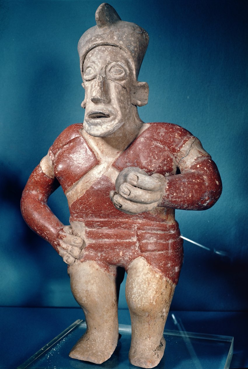 Beeldje van een tlachtli-speler met helm, uit Jalisco, Klassieke Periode, 400-700 door Mayan
