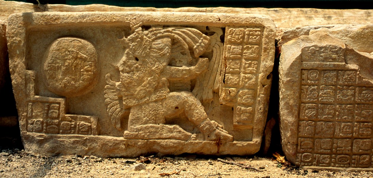 Laag reliëf van een balspelspeler, de bal en de glyphs die een beschrijving geven, late Klassieke Periode (700-900 AD) door Mayan