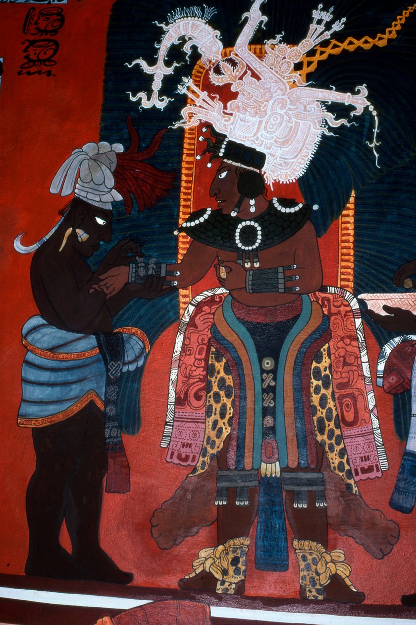 Reproductie van een muurschildering die een dienaar toont die een heerser aankleedt voor een ceremonie, uit de Tempel van Muurschilderingen, Bonampak door Mayan