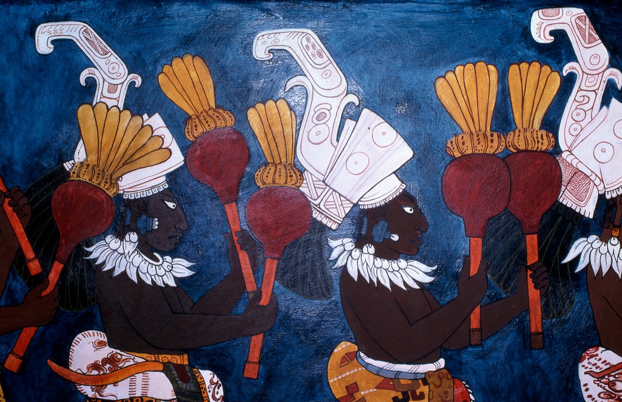 Reproductie van een muurschildering met muzikanten met ratels tijdens een ceremonie, uit de Tempel van Muurschilderingen, Bonampak door Mayan