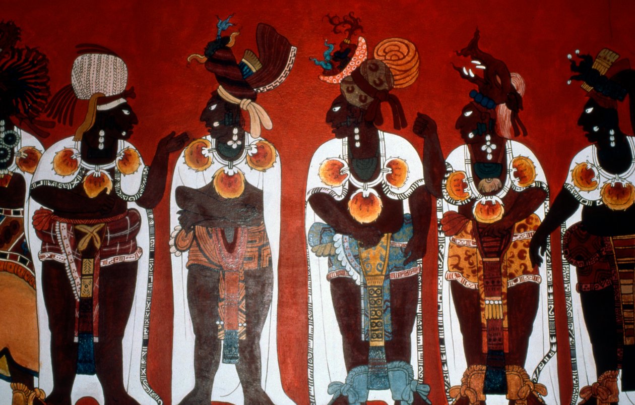 Reproductie van een muurschildering die edele mannen toont gekleed voor een ceremonie, uit de Tempel van Muurschilderingen, Bonampak door Mayan