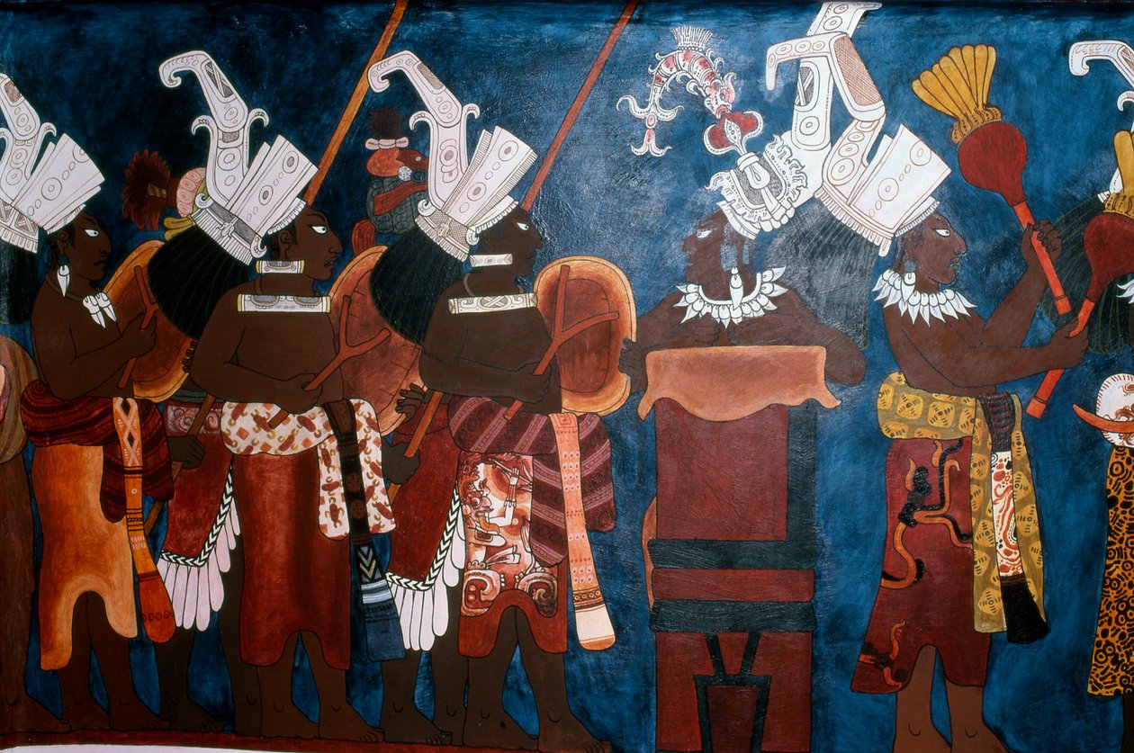 Reproductie van een muurschildering met dienaren en muzikanten tijdens een ceremonie, uit de Tempel van Muurschilderingen, Bonampak door Mayan