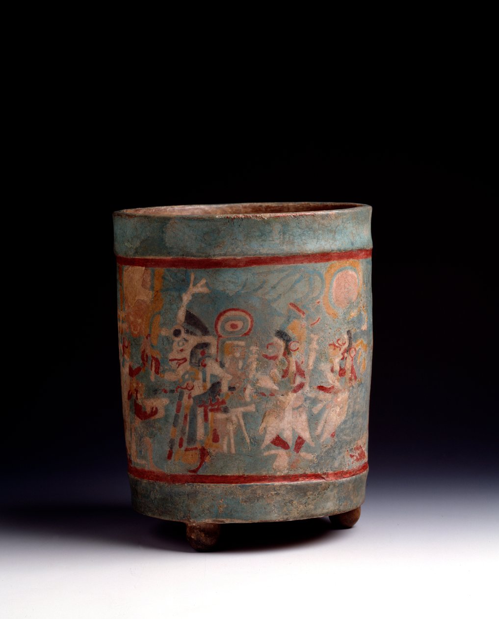 Precolumbiaanse kunst, Maya-beschaving, klassieke periode: cilindrische vaas in polychrome klei versierd met een ceremoniële scène met personages in processie door Mayan Mayan