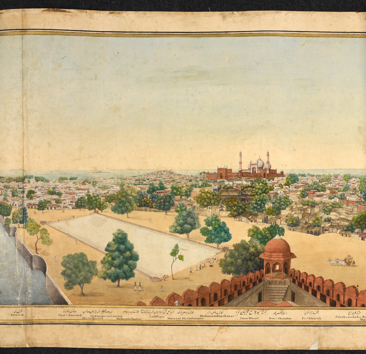 Sectie van een panorama van Delhi, met de Jama Masjid door Mazar or Mazhar Ali Khan
