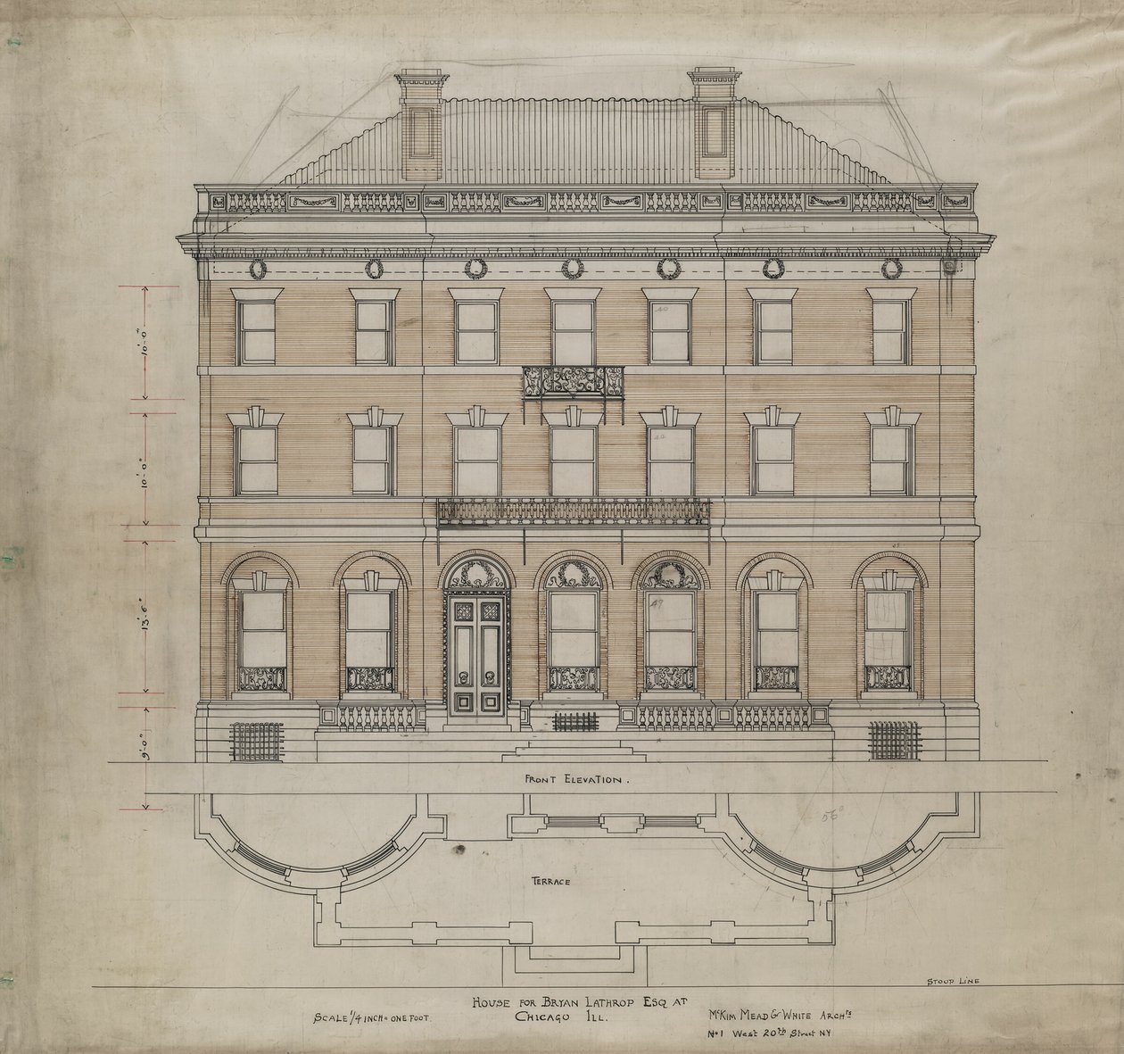 Bryan Lathrop House, Chicago, Illinois, Voorgevel en terrasplan door Mead and White McKim
