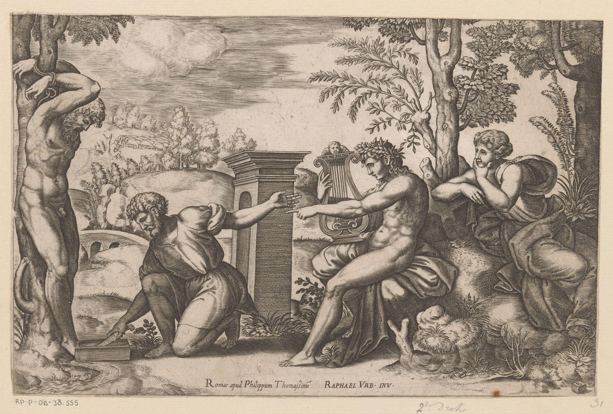 Apollo en Marsyas door Meester van de Dobbelsteen