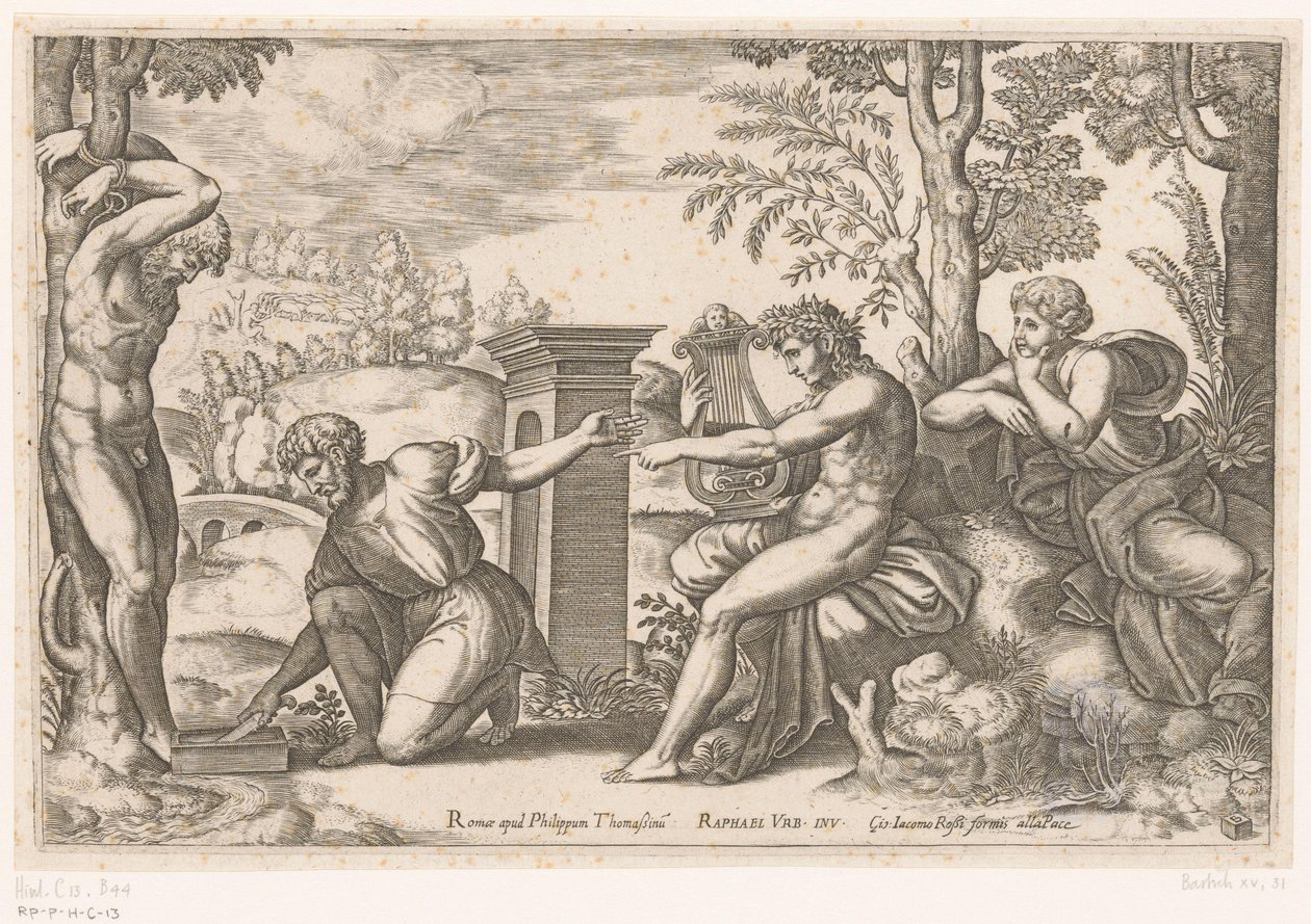 Apollo en Marsyas door Meester van de Dobbelsteen