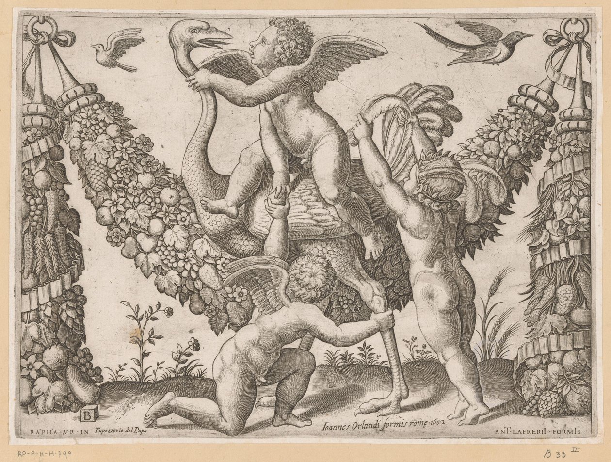 Drie putti en een struisvogel (Tapisserieën van de paus) door Meester van de Dobbelsteen