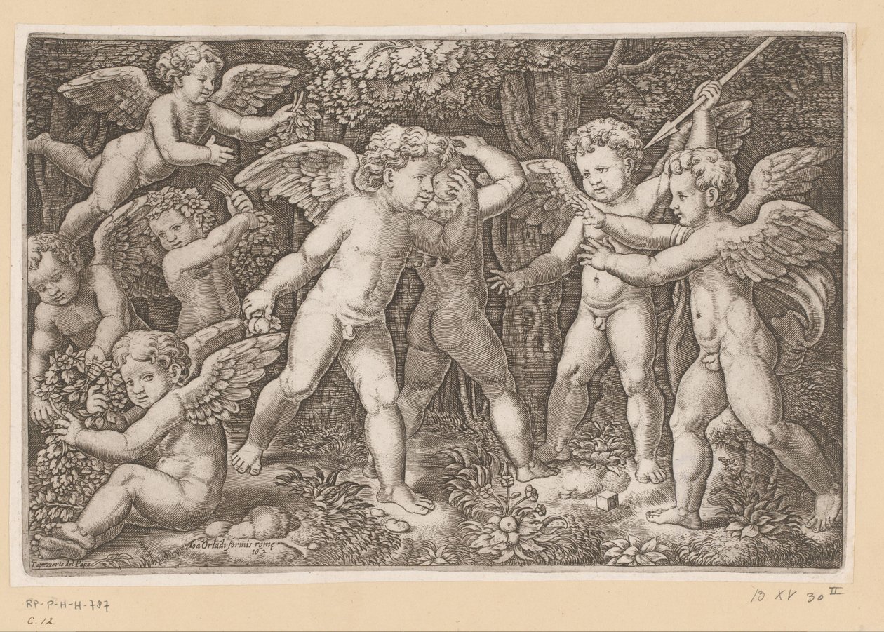 Spelende putti door Meester van de Dobbelsteen