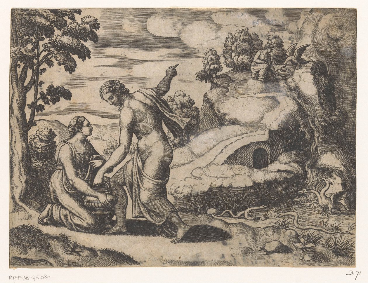 Venus stuurt Psyche naar een bron bewaakt door draken door Meester van de Dobbelsteen