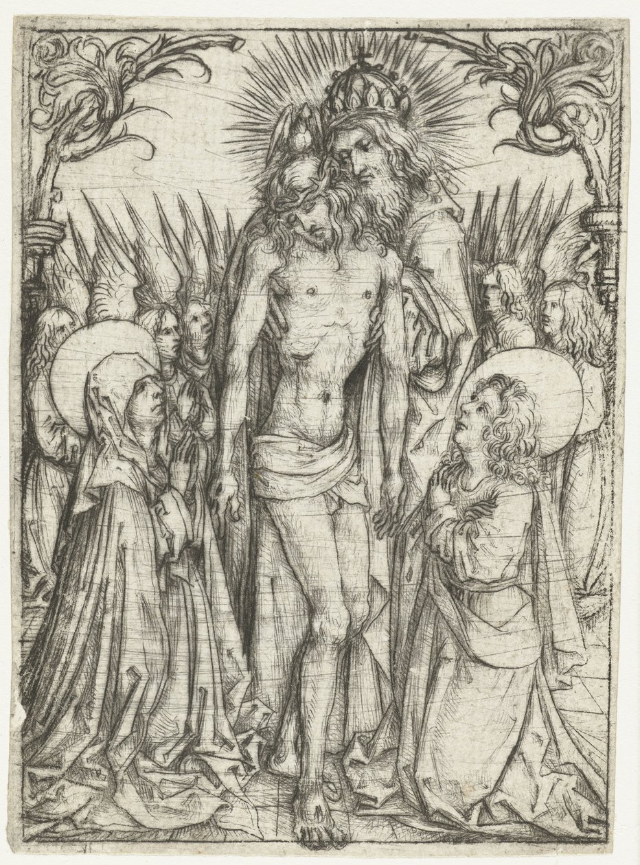 Aanbidding van de Heilige Drie-eenheid door Maria, Johannes de Evangelist en engelen door Meester van het Amsterdamse Kabinet