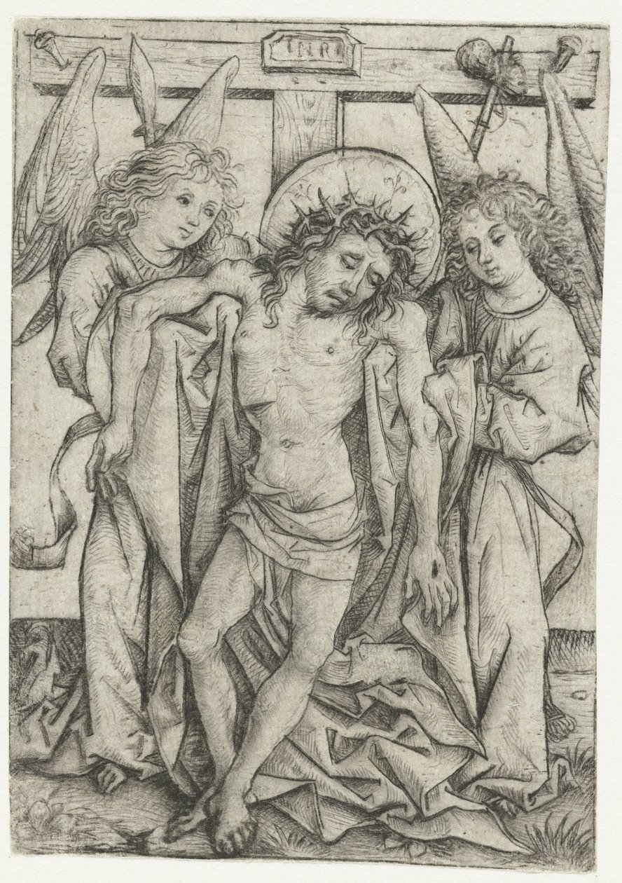 Het lichaam van Christus ondersteund door twee engelen door Meester van het Amsterdamse Kabinet