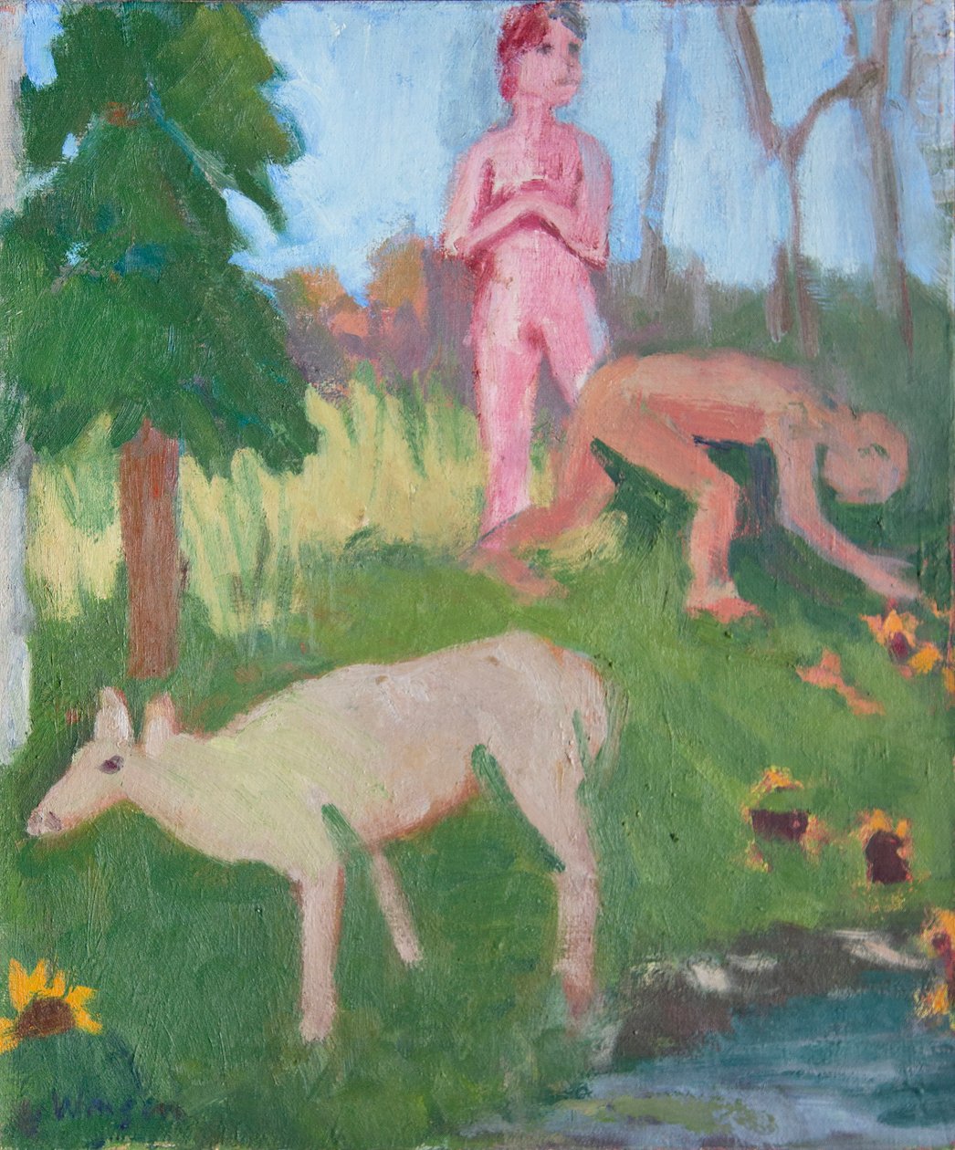 Twee figuren met een vrouwelijke eland, 2016 (olieverf op doek) door Megan Williamson