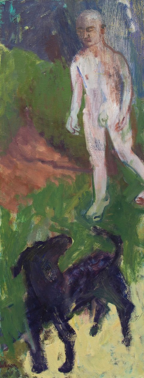 Blanke man die een zwarte hond uitliet, 2016 (olieverf op doek) door Megan Williamson