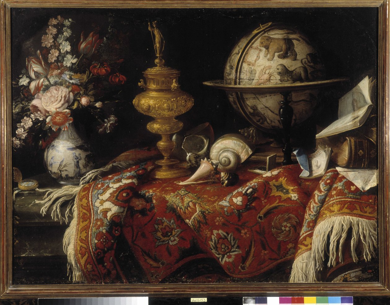 Vaas met bloemen, astrale bol, boeken en goudwerk op een tapijt door Meiffren (c.1630 1705) Conte