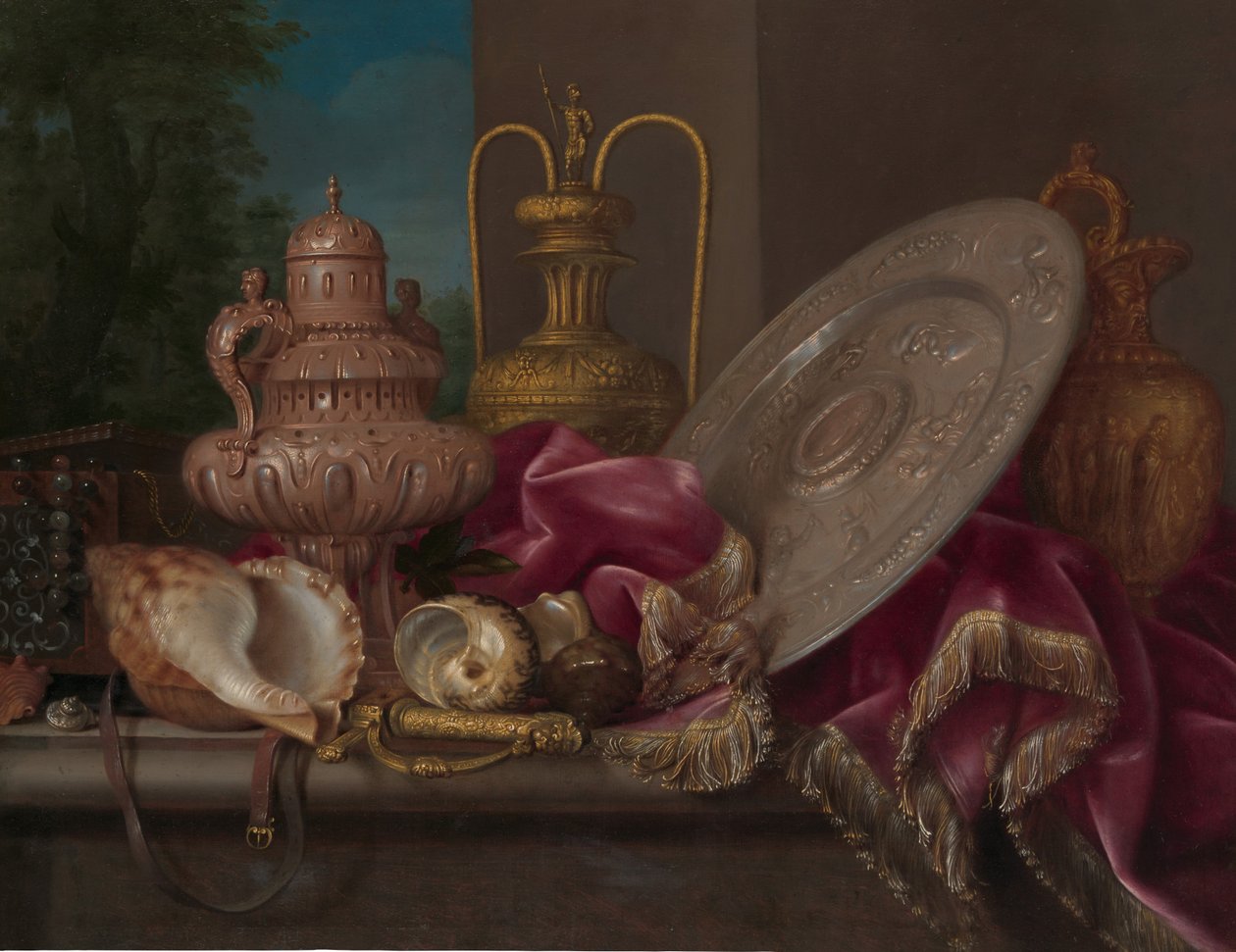 Stilleven met zilver en goud, schelpen en een zwaard, vierde kwart 17e eeuw door Meiffren Conte