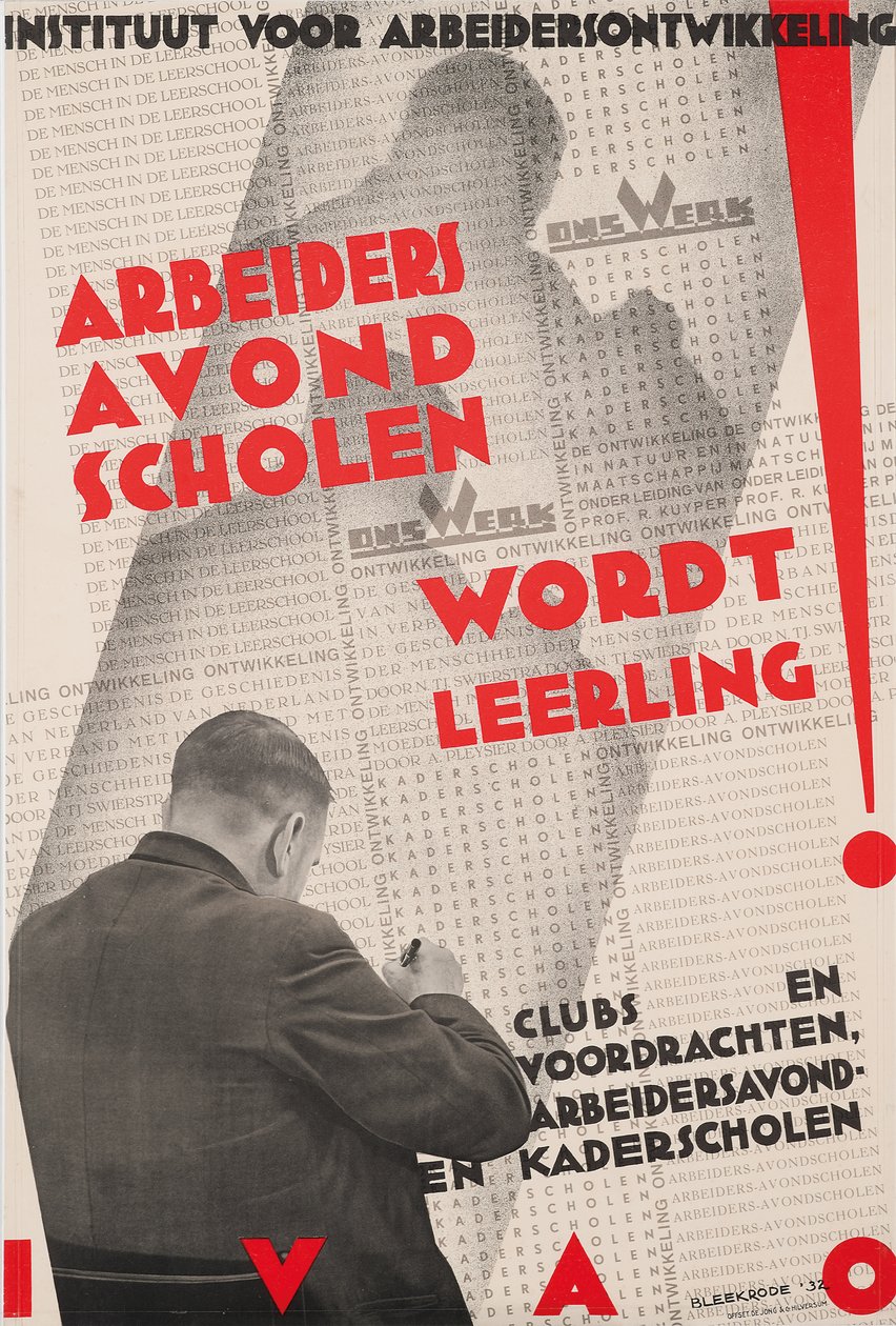 Poster voor het Instituut voor Arbeidsontwikkeling (IVAO) die een avondschool voor arbeiders adverteert door Meijer Bleekrode