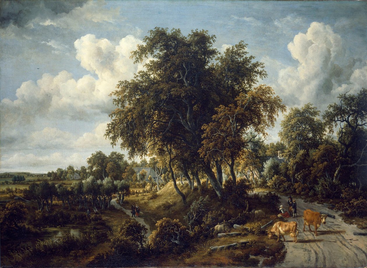 Een bosrijk landschap: het pad op de dijk door Meindert Hobbema
