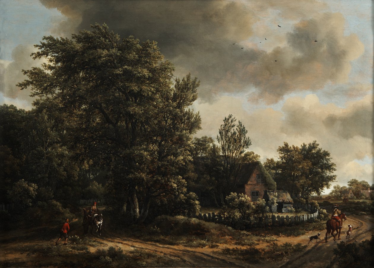Een bebost landschap met reizigers op een weg bij een huisje door Meindert Hobbema