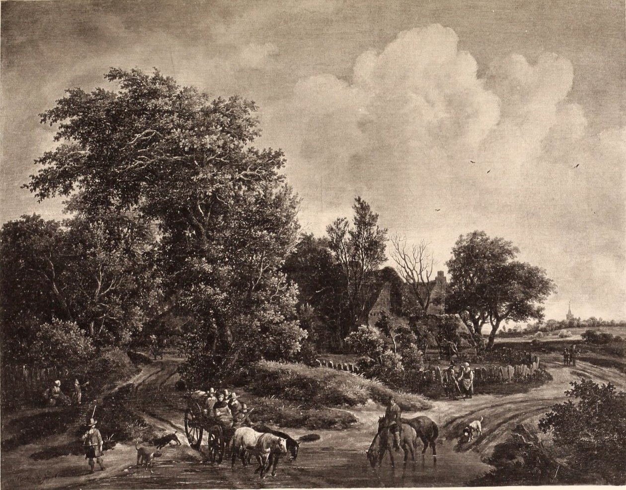 Boerderij aan de rand van een bos, met een wagen en paarden door Meindert Hobbema