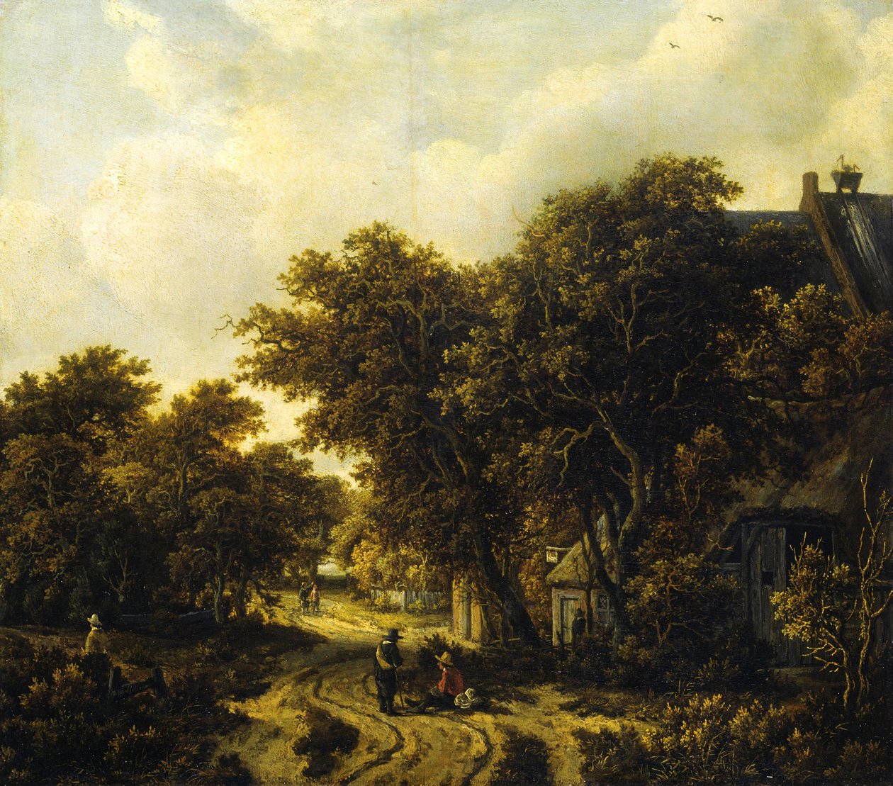 Duits: Landschaft mit Wirtshaus Landschap met een herberg door Meindert Hobbema