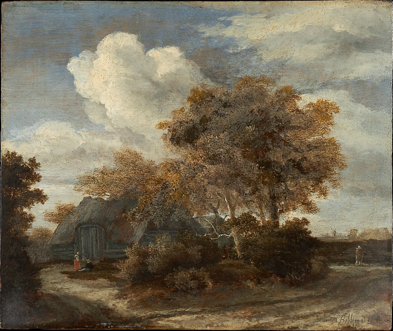 Hut langs een weg door Meindert Hobbema