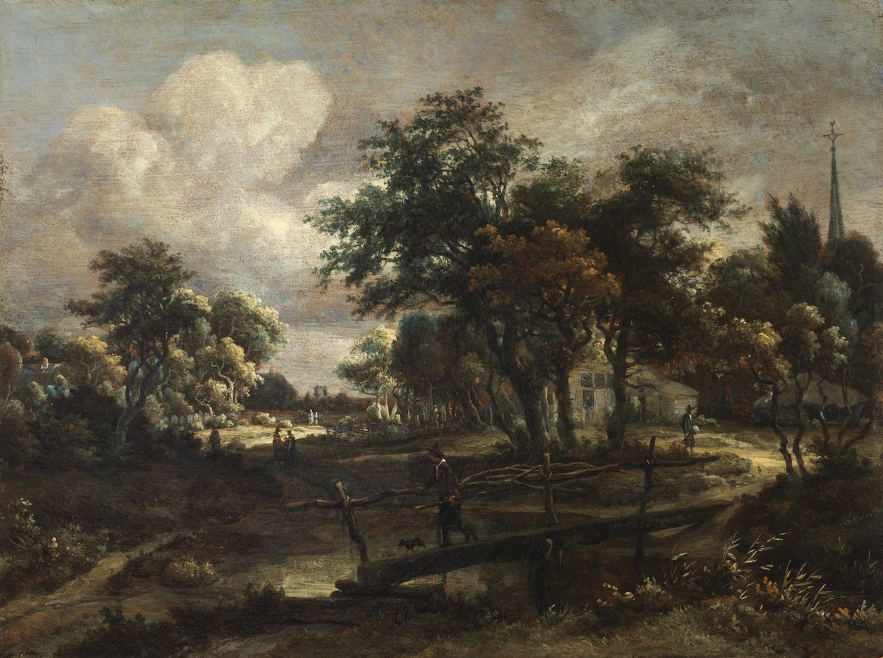 Landschap met een voetbrug door Meindert Hobbema